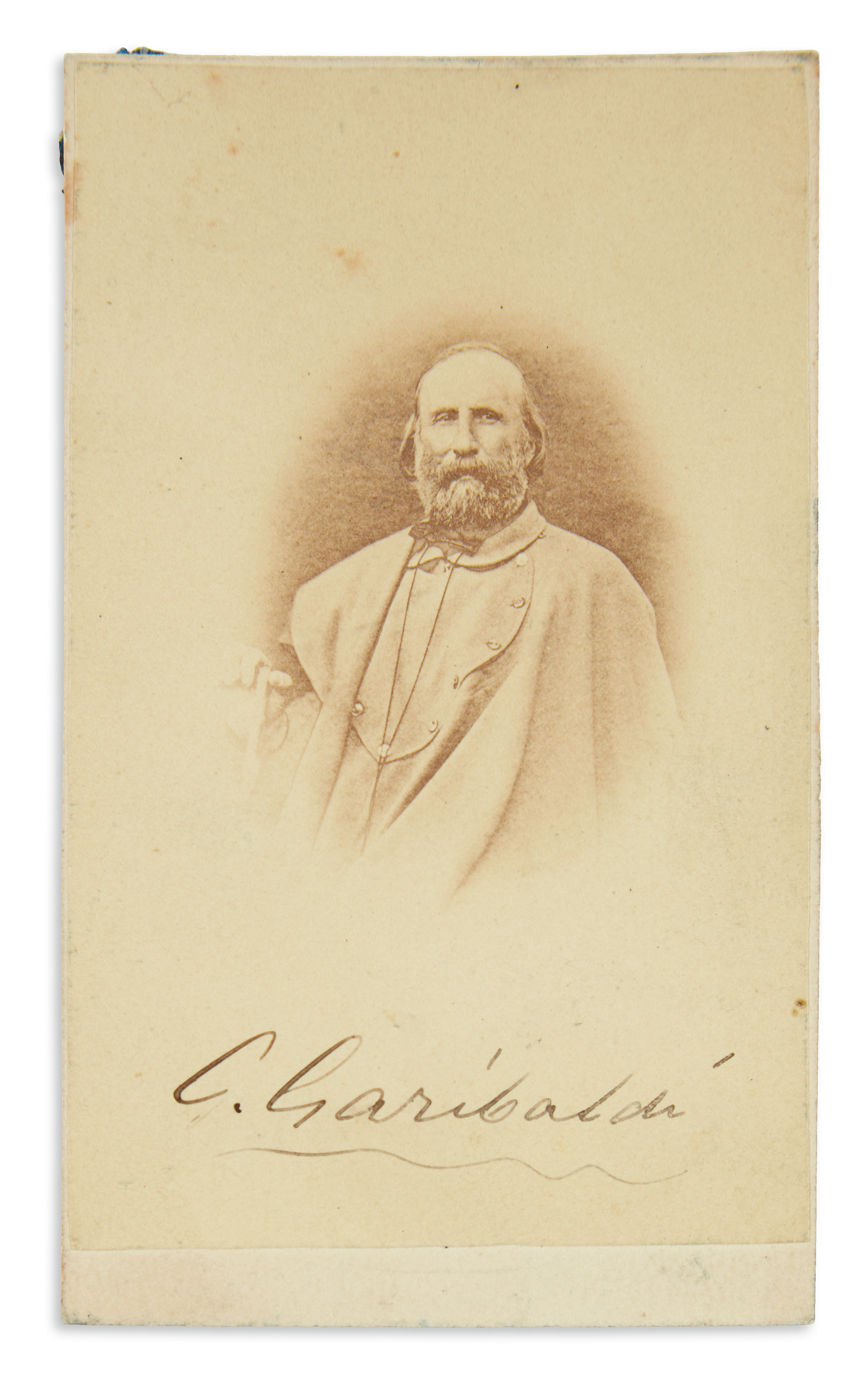 GARIBALDI, GIUSEPPE. Photograph Signed, G. Garibaldi, carte-de-visite bust portrait by Alessandro Pavia,